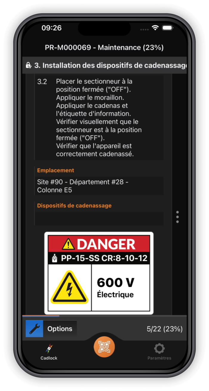Nouvelles actions dans le menu Options de l'exécution de la procédure de l'application mobile Cadlock