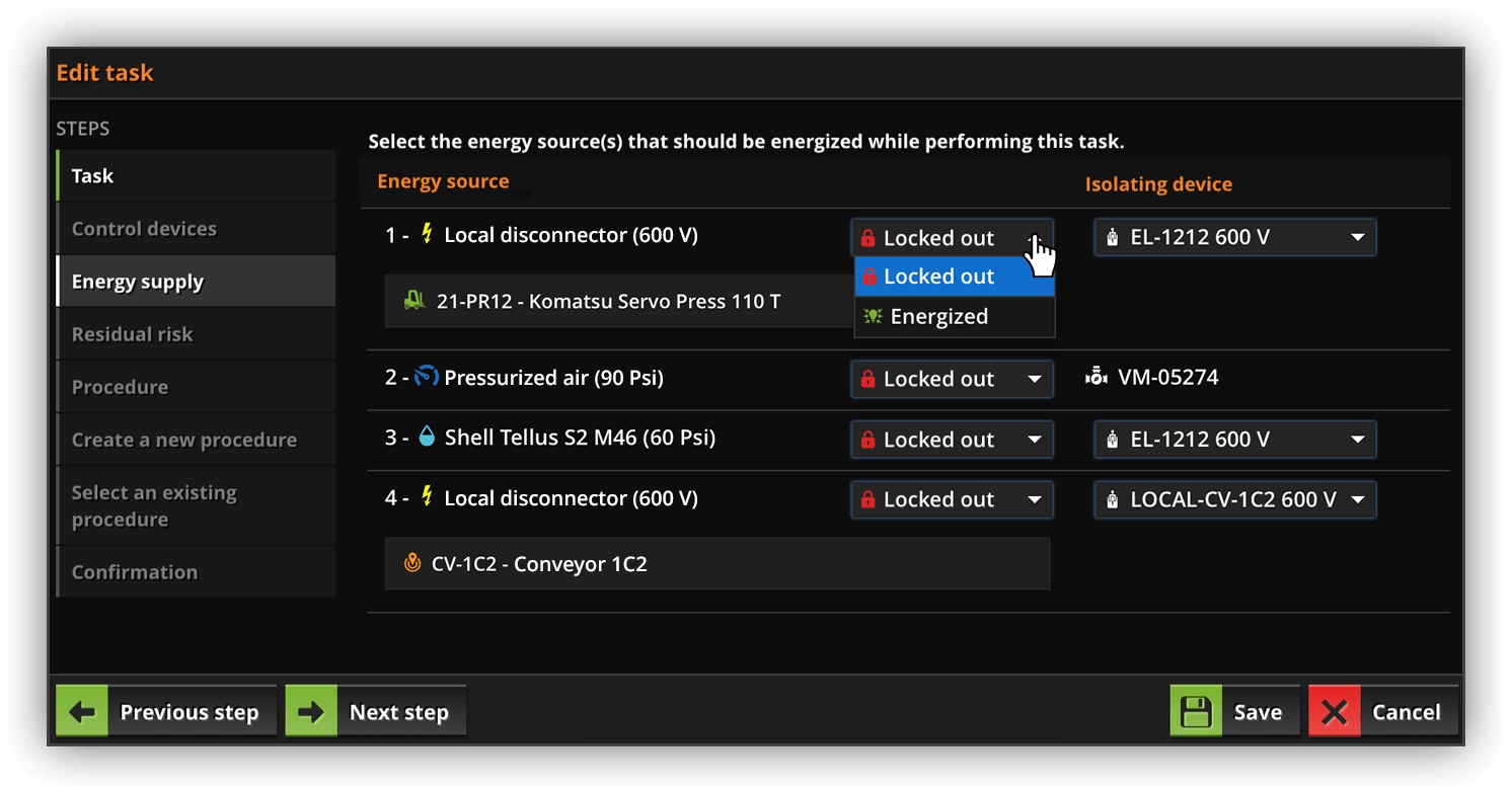 Select the energy sources that should be energized while performing the task.